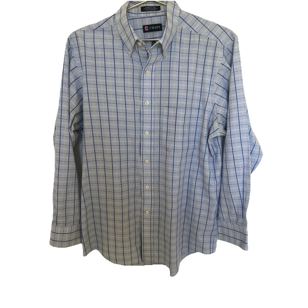 Chaps Classic Fit Twill Plaid Dress Shirt Blue 15-15.5 32/33 Wrinkle Resistant